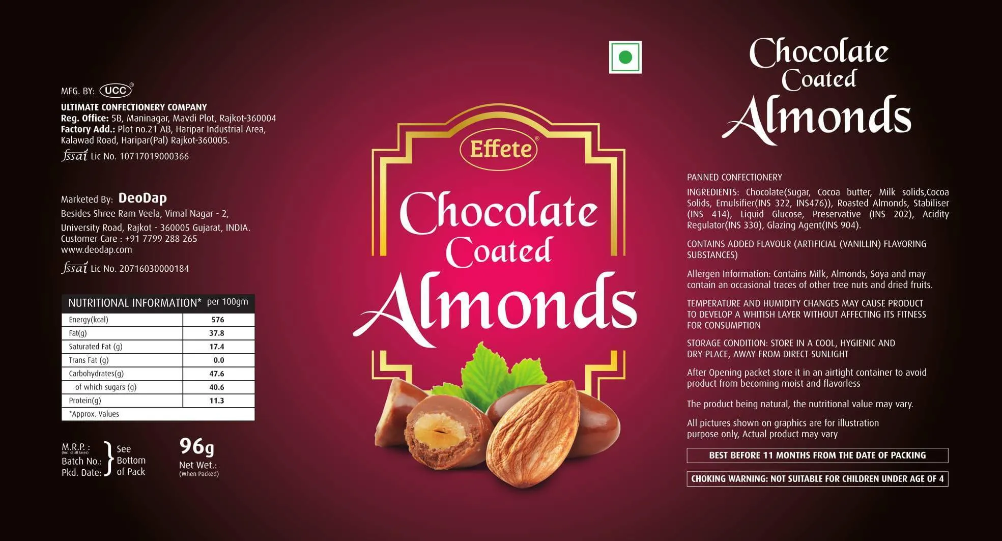 045 879 Effete Festival Gift Combo - Chocolate Coated Roasted Almond 96gm with Golden Rose 10 INCHES with Carry Bag