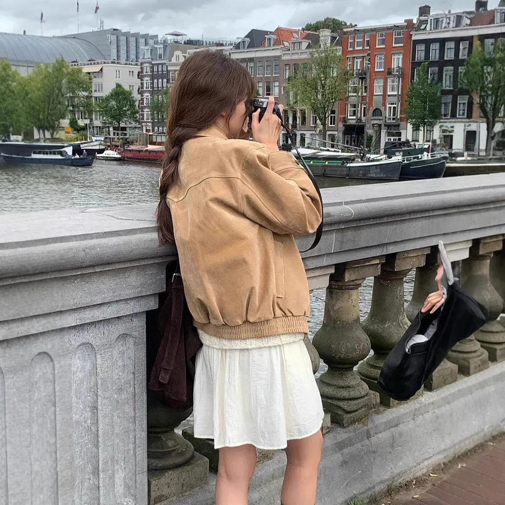Advbridge bomber jacket Ove * Take Short Suede Retro Korean Autumn Jacket High-Grade Women's Jacket Casual All-Matching