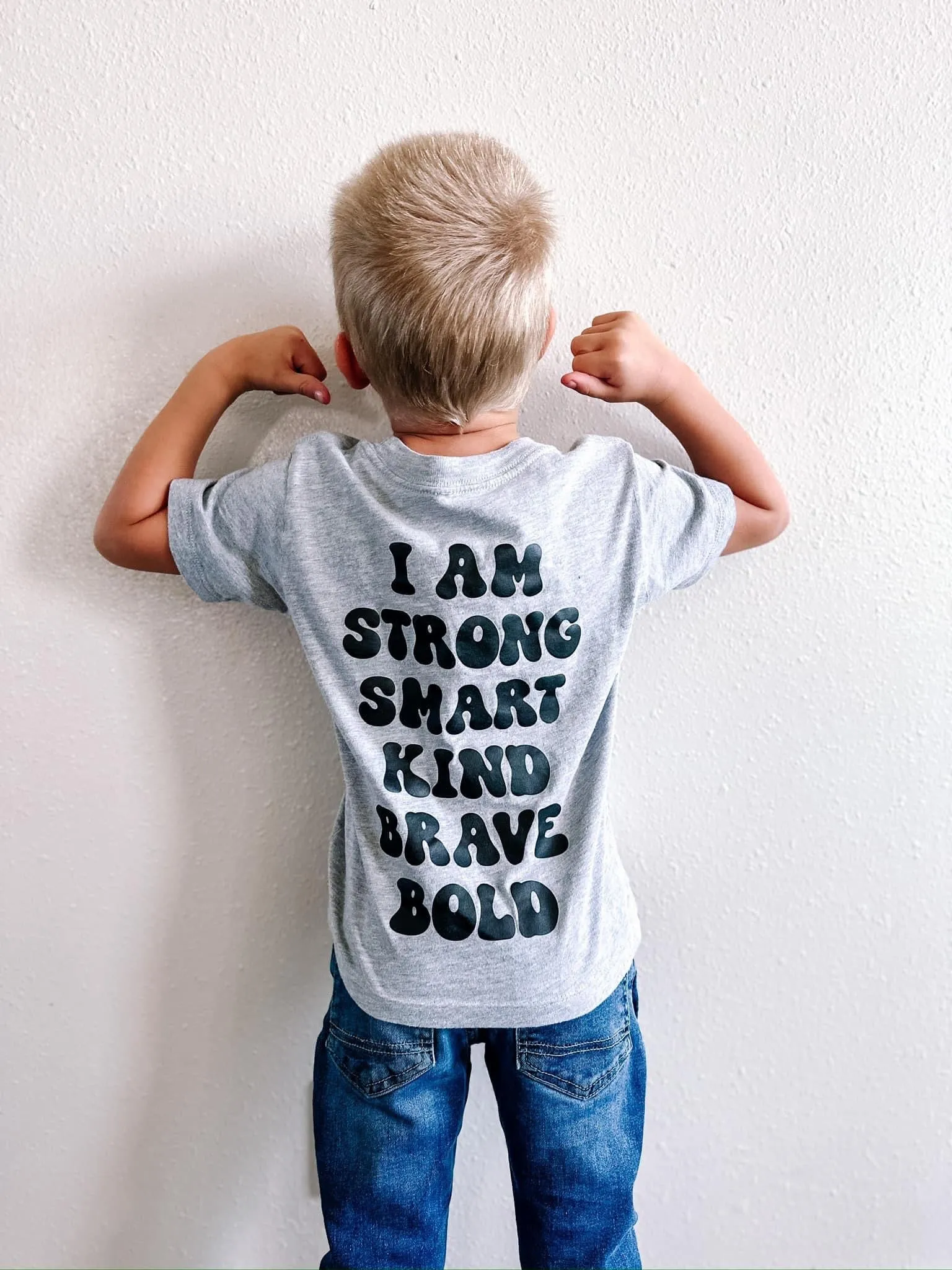 Big Yellow Checker Smiley (Front) w/ I am Strong Smart Kind Brave Bold (Back) - Short Sleeve Child Shirt