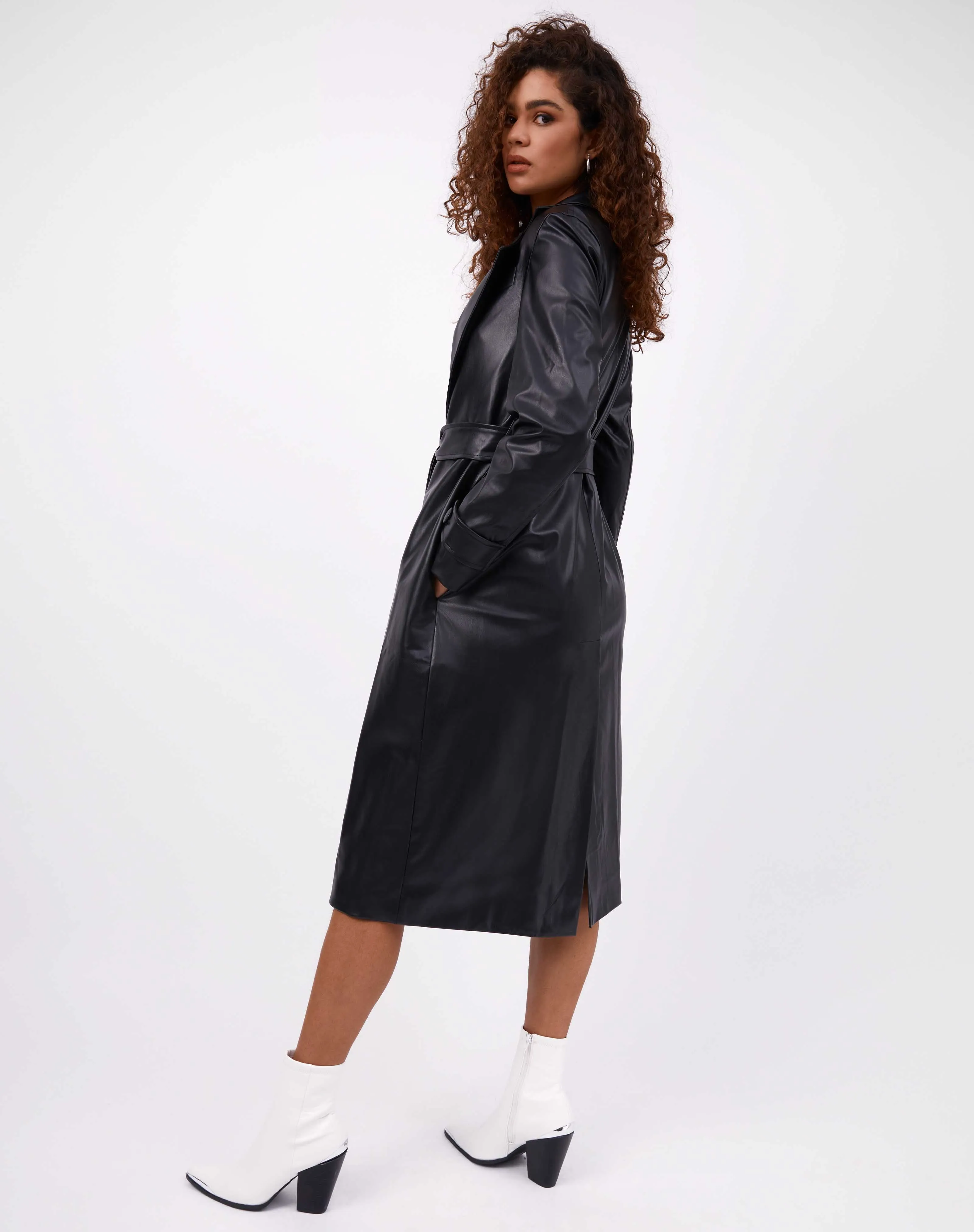 Faux Leather Long Coat With Belt | Coco